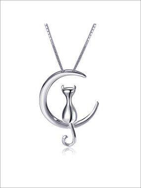 Sterling Silver Cat Moon Necklace Pendant for Women